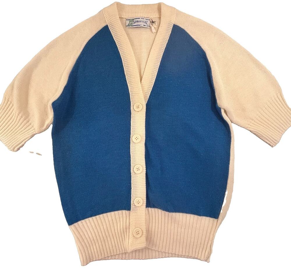 VTG 70s Spalding Womens Sz Large Blue Cream Short Sleeve V Neck Tennis Cardigan
